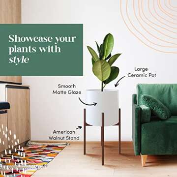 Mid Century Plant Stand With Pot Included - 10 inch Planter with Stand for Indoor Plants & Flowers - Large Ceramic Planters - Wood Legs, Modern, Tall Floor Wooden Snake Plant Pot Stand Holder - White