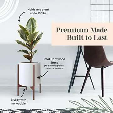 Mid Century Plant Stand With Pot Included - 10 inch Planter with Stand for Indoor Plants & Flowers - Large Ceramic Planters - Wood Legs, Modern, Tall Floor Wooden Snake Plant Pot Stand Holder - White