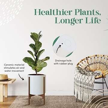 Mid Century Plant Stand With Pot Included - 10 inch Planter with Stand for Indoor Plants & Flowers - Large Ceramic Planters - Wood Legs, Modern, Tall Floor Wooden Snake Plant Pot Stand Holder - White