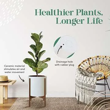 Mid Century Plant Stand With Pot Included - 10 inch Planter with Stand for Indoor Plants & Flowers - Large Ceramic Planters - Wood Legs, Modern, Tall Floor Wooden Snake Plant Pot Stand Holder - White