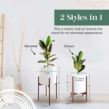 Mid Century Plant Stand With Pot Included - 10 inch Planter with Stand for Indoor Plants & Flowers - Large Ceramic Planters - Wood Legs, Modern, Tall Floor Wooden Snake Plant Pot Stand Holder - White
