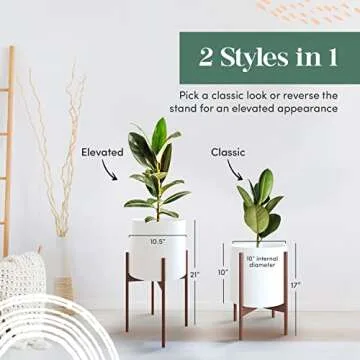 Mid Century Plant Stand With Pot Included - 10 inch Planter with Stand for Indoor Plants & Flowers - Large Ceramic Planters - Wood Legs, Modern, Tall Floor Wooden Snake Plant Pot Stand Holder - White