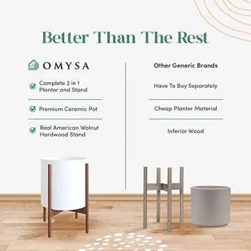 Mid Century Plant Stand With Pot Included - 10 inch Planter with Stand for Indoor Plants & Flowers - Large Ceramic Planters - Wood Legs, Modern, Tall Floor Wooden Snake Plant Pot Stand Holder - White