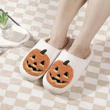 ULEL Halloween Pumpkin Slippers for Womens Mens Plush Warm Spooky Lantern Pumpkin Slippers House Shoes Yellow-39-40