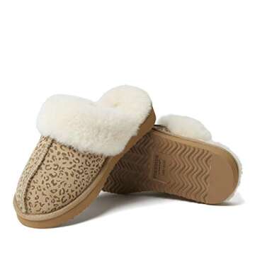 Dearfoams Women's Fireside Sydney Shearling Fur Indoor/Outdoor Scuff Slipper with Wide Widths, Leopard, 10