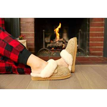 Dearfoams Women's Fireside Sydney Shearling Fur Indoor/Outdoor Scuff Slipper with Wide Widths, Leopard, 10