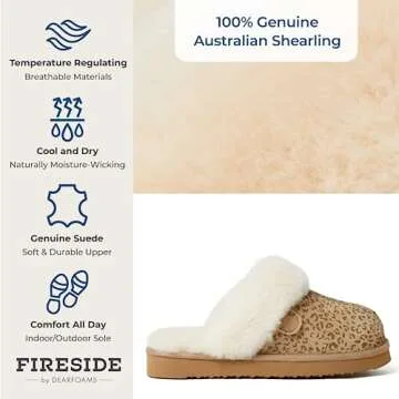 Dearfoams Women's Fireside Sydney Shearling Fur Indoor/Outdoor Scuff Slipper with Wide Widths, Leopard, 10