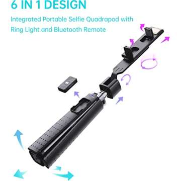 Ambertronix 40” Selfie Stick Tripod Quadrapod, Onboard Light, Wireless Bluetooth Remote, Extendable, Stainless Steel, 3 Light Modes, 9 Brightness Levels, Compatible with All iPhone & Android Devices