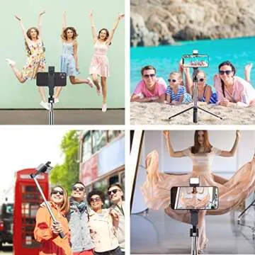 Ambertronix 40” Selfie Stick Tripod Quadrapod, Onboard Light, Wireless Bluetooth Remote, Extendable, Stainless Steel, 3 Light Modes, 9 Brightness Levels, Compatible with All iPhone & Android Devices