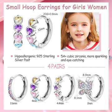 925 Sterling Silver Post Small Hoop Earrings For Girls - Hypoallergenic Huggie Earrings for Women Cu...