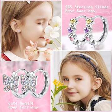 925 Sterling Silver Post Small Hoop Earrings For Girls - Hypoallergenic Huggie Earrings for Women Cute Heart Flowers Butterfly Star Cubic Zirconia Cartilage Earrings For Sensitive Ears Colorful 4Pairs