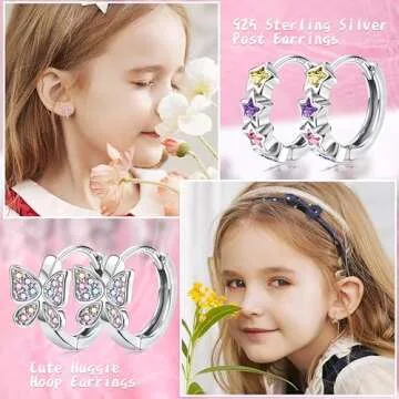 925 Sterling Silver Post Small Hoop Earrings For Girls - Hypoallergenic Huggie Earrings for Women Cute Heart Flowers Butterfly Star Cubic Zirconia Cartilage Earrings For Sensitive Ears Colorful 4Pairs