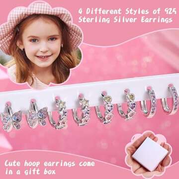 925 Sterling Silver Post Small Hoop Earrings For Girls - Hypoallergenic Huggie Earrings for Women Cute Heart Flowers Butterfly Star Cubic Zirconia Cartilage Earrings For Sensitive Ears Colorful 4Pairs