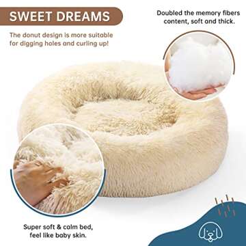 OYANTEN Small Dog Bed Large Cat Bed - Calming Donut kitty bed, Round Pet Beds for Small Medium Cats, Soft Fluffy Warm and Cozy to Improved Sleep, Machine Washable(20in, Champagne)