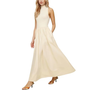 Lauweion Women's Sleeveless Turtleneck Maxi Dress Patchwork Casual Solid Flowy Mock Neck Tank Top Dr...