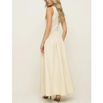 Lauweion Women's Sleeveless Turtleneck Maxi Dress Patchwork Casual Solid Flowy Mock Neck Tank Top Dress with Pockets Apricot