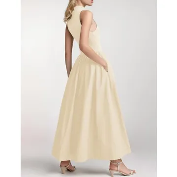 Lauweion Women's Sleeveless Turtleneck Maxi Dress Patchwork Casual Solid Flowy Mock Neck Tank Top Dress with Pockets Apricot