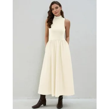 Lauweion Women's Sleeveless Turtleneck Maxi Dress Patchwork Casual Solid Flowy Mock Neck Tank Top Dress with Pockets Apricot