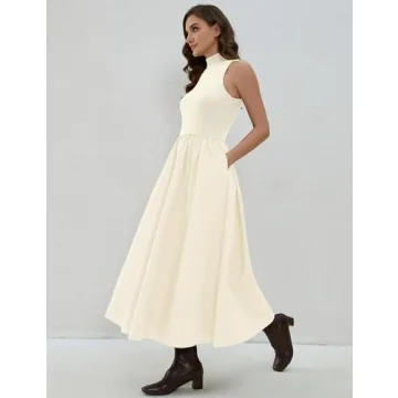 Lauweion Women's Sleeveless Turtleneck Maxi Dress Patchwork Casual Solid Flowy Mock Neck Tank Top Dress with Pockets Apricot