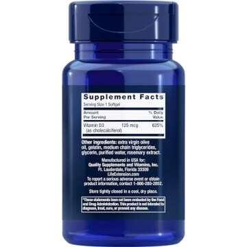 Life Extension Vitamin D3 125 mcg (5000 IU), Bone Health, Brain Performance, Immune System Support, ...