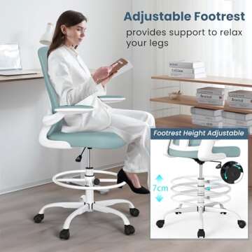 Drafting Chair, Tall Office Chair with Flip-up Armrests Executive Ergonomic Computer Standing Desk Chair, Office Drafting Chair with Lumbar Support and Adjustable Footrest Ring