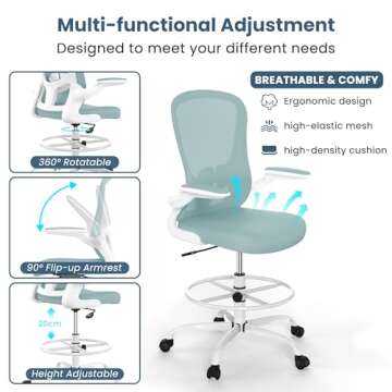 Drafting Chair, Tall Office Chair with Flip-up Armrests Executive Ergonomic Computer Standing Desk Chair, Office Drafting Chair with Lumbar Support and Adjustable Footrest Ring