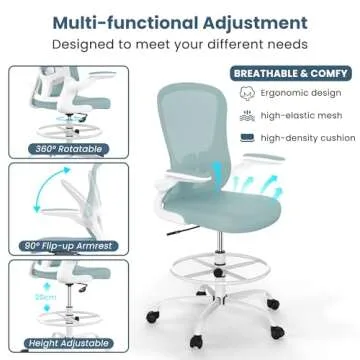 Drafting Chair, Tall Office Chair with Flip-up Armrests Executive Ergonomic Computer Standing Desk Chair, Office Drafting Chair with Lumbar Support and Adjustable Footrest Ring