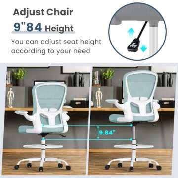 Drafting Chair, Tall Office Chair with Flip-up Armrests Executive Ergonomic Computer Standing Desk Chair, Office Drafting Chair with Lumbar Support and Adjustable Footrest Ring