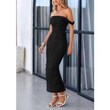 PRETTYGARDEN Off The Shoulder Ruched Summer Maxi Dress