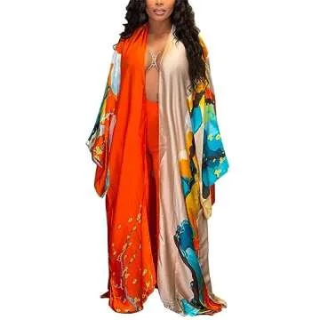 cu4eve Summer Cardigan For Women Lightweight Satin Open Front Long Kimono Swimsuit Cover Ups Silk Ro...