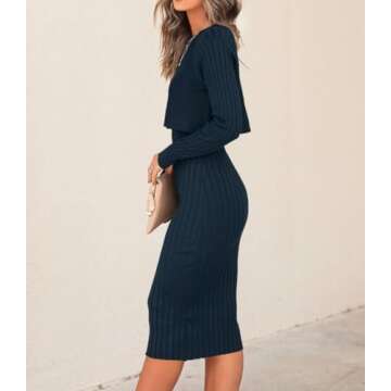 Ezbelle Women's Long Sleeve Sweater Dresses 2 Piece Outfits Sets Casual Ribbed Knit Crop Tops and Ta...