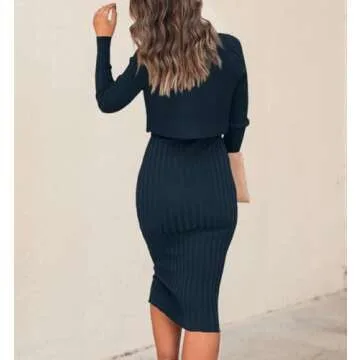 Ezbelle Women's Long Sleeve Sweater Dresses 2 Piece Outfits Sets Casual Ribbed Knit Crop Tops and Tank Sexy Bodycon Midi Dress Navy Blue Medium