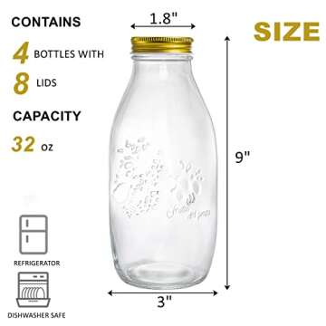 ZOOFOX 4 Pack 32 oz Glass Milk Bottles with 8 Metal Screw On Lids, Vintage Milk Container for Refrig...