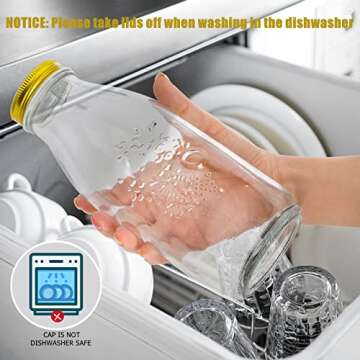 ZOOFOX 4 Pack 32 oz Glass Milk Bottles with 8 Metal Screw On Lids, Vintage Milk Container for Refrigerator, Reusable Dairy Drinking Containers for Almond Milk, Yogurt, Smoothies, Maple Syrup, Jam