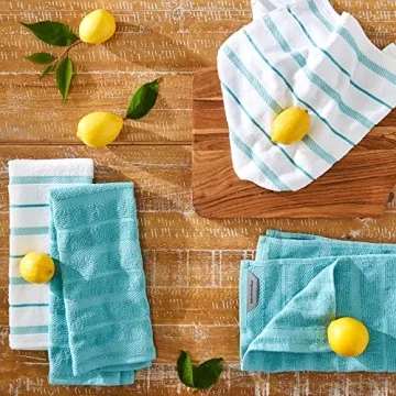 KitchenAid Albany Towel Set in Aqua/White, 4-Pack