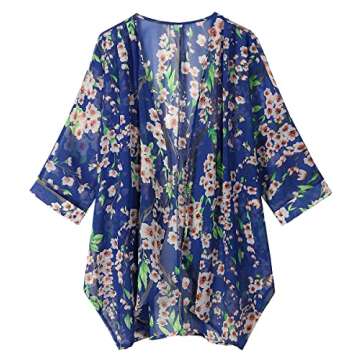 olrain Women's Floral Print Sheer Chiffon 3/4 Bat Sleeve Casual Loose Kimono Cardigan Capes (X-Large, Blue)