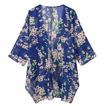 olrain Women's Floral Print Sheer Chiffon 3/4 Bat Sleeve Casual Loose Kimono Cardigan Capes (X-Large, Blue)