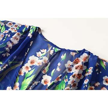 olrain Women's Floral Print Sheer Chiffon 3/4 Bat Sleeve Casual Loose Kimono Cardigan Capes (X-Large, Blue)