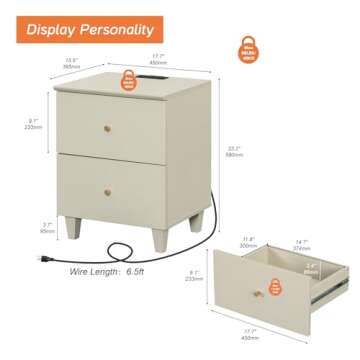 WAMPAT Nightstands with Charging Station & 2 Drawers Storage, Modern End Tables Mid-Century Wood Bed...