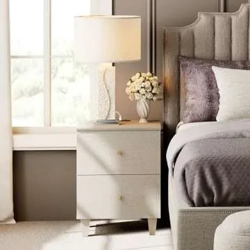 WAMPAT Nightstands with Charging Station & 2 Drawers Storage, Modern End Tables Mid-Century Wood Bedside Table with 2 AC Outlets & USB Ports for Living Room, Bedroom, Beige Faux Linen Finish