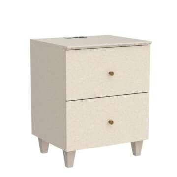 WAMPAT Nightstands with Charging Station & 2 Drawers Storage, Modern End Tables Mid-Century Wood Bedside Table with 2 AC Outlets & USB Ports for Living Room, Bedroom, Beige Faux Linen Finish