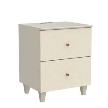 WAMPAT Nightstands with Charging Station & 2 Drawers Storage, Modern End Tables Mid-Century Wood Bedside Table with 2 AC Outlets & USB Ports for Living Room, Bedroom, Beige Faux Linen Finish