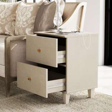WAMPAT Nightstands with Charging Station & 2 Drawers Storage, Modern End Tables Mid-Century Wood Bedside Table with 2 AC Outlets & USB Ports for Living Room, Bedroom, Beige Faux Linen Finish