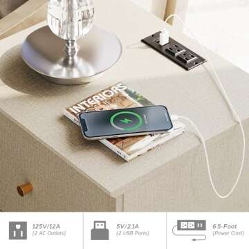 WAMPAT Nightstands with Charging Station & 2 Drawers Storage, Modern End Tables Mid-Century Wood Bedside Table with 2 AC Outlets & USB Ports for Living Room, Bedroom, Beige Faux Linen Finish