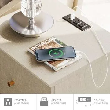 WAMPAT Nightstands with Charging Station & 2 Drawers Storage, Modern End Tables Mid-Century Wood Bedside Table with 2 AC Outlets & USB Ports for Living Room, Bedroom, Beige Faux Linen Finish