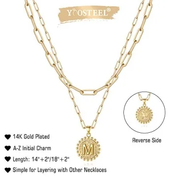 Yoosteel Gold Initial Necklaces for Women, 14K Gold Plated Layering Paperclip Link Chain Necklace Personalized M Round Pendant Initial Necklaces for Women Gold Jewelry