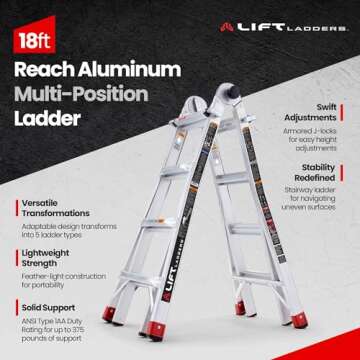 Lift Ladders 18-Foot Reach Aluminum Step Ladder, 5-in-1 Multi-Position Frame, Silver