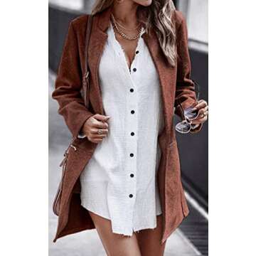 Angashion Women’s Coat, Long Sleeve Stand Collar Cardigan Mid-Long Open Front Outwear Overcoat wit...