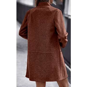 Angashion Women’s Coat, Long Sleeve Stand Collar Cardigan Mid-Long Open Front Outwear Overcoat with Zipper Pockets Red Brown Small