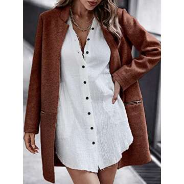 Angashion Women’s Coat, Long Sleeve Stand Collar Cardigan Mid-Long Open Front Outwear Overcoat with Zipper Pockets Red Brown Small